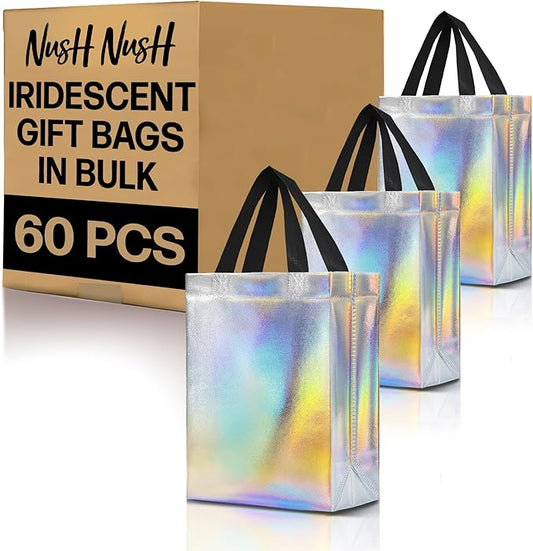 Nush Nush Set of 60 Iridescent Medium Gift Bags Bulk - Reusable Holographic Gift Bags With Handles - Goodie Bag for Birthday, Small Business, Wedding Welcome Gifts, Large Events – 8W x 4D x 10H