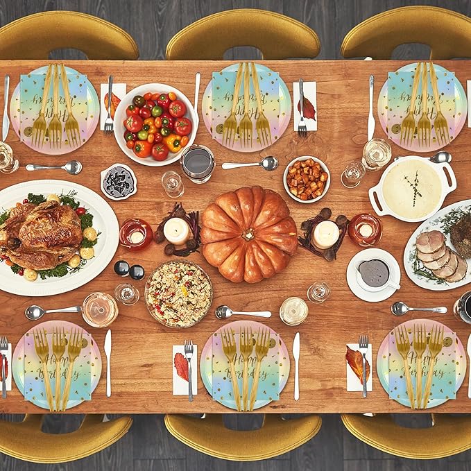 48PCS Happy Birthday Plates and Napkins Party Supplies, Colorful and Gold Disposable Paper Plates and Napkins with Forks Tableware Set for Birthday Party Decorations 16 Guests (Colorful)