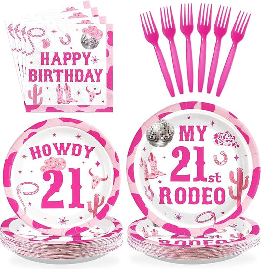 96Pcs My 21st Rodeo Birthday Decorations Western Cowgirl Howdy 21st Birthday Plates and Napkins Disco Cowgirl Decoration Favors for Girls 21 Years Old Bday Western Theme Party Supplies Serves 24