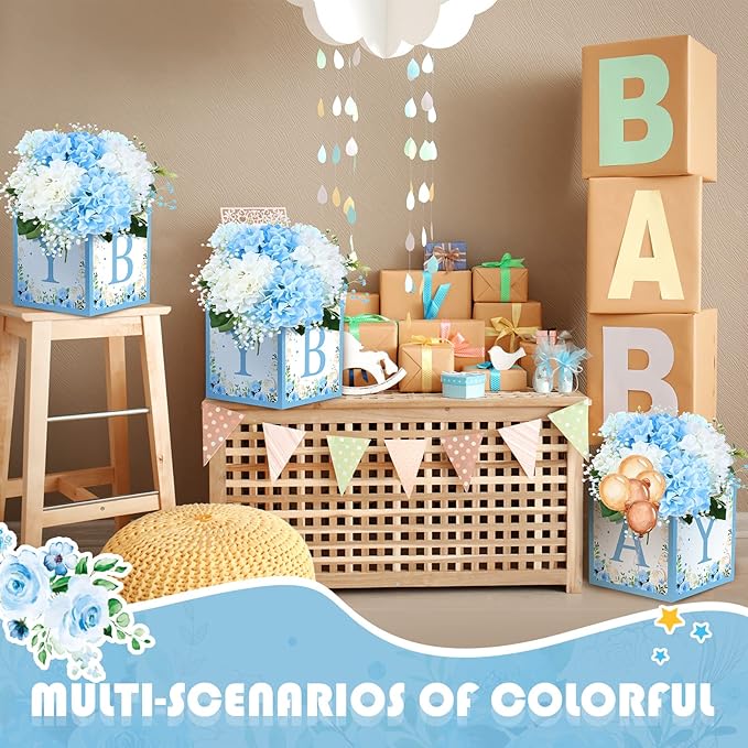 Bucherry 6 Pcs Baby Shower Centerpieces with Letters, 7" Baby Blocks Flower Boxes for Table Decorations, Gender Reveal Party Supplies & Photo Props(Blue,Blue Floral)