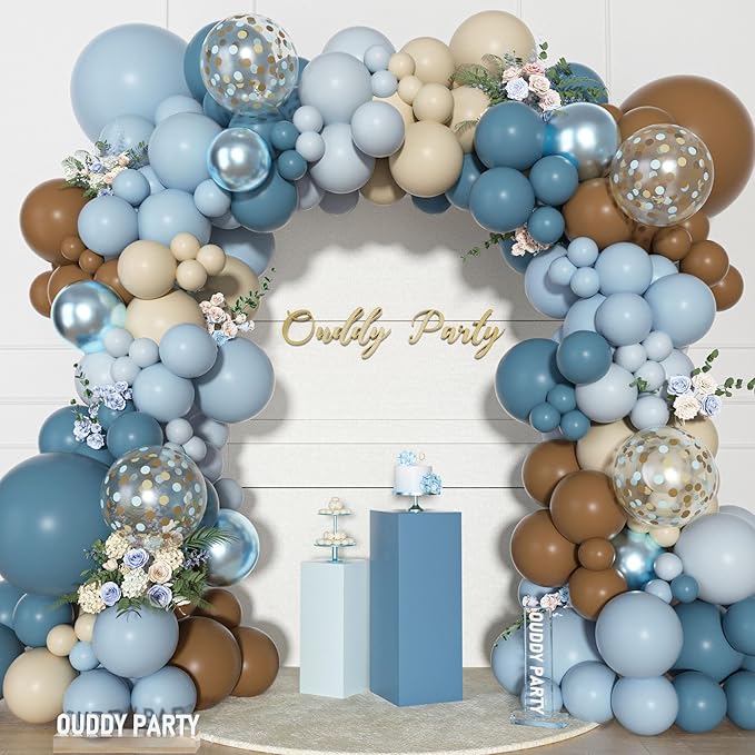 Ouddy Party Dusty Blue Brown Balloons Garland Arch Kit, Different Sizes 18 12 10 5 Inch Pastel Blue Tan Coffee Sand White Nude Latex Confetti Balloon for Bear Baby Shower Birthday Party Decorations