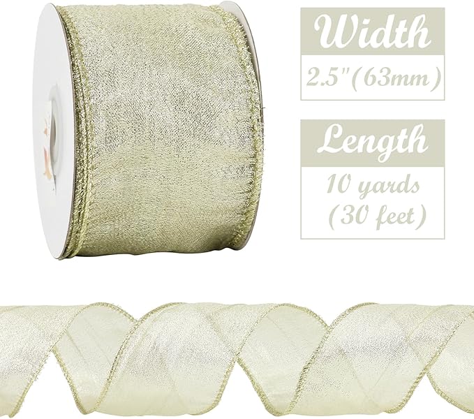 HUIHUANG Champagne Wired Ribbon 2-1/2" Metallic Crinkle Champagne Gold Christmas Ribbon for Xmas Tree, Bows Making, Wreaths, Gift Wrapping, Holiday Home Decor, Garland, DIY Crafts -10 Yards