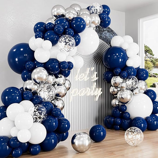 Navy Blue and Silver Balloons Garland Arch Kit,134 Pcs Graduation Balloons, White Navy Blue and Silver Balloons with Confetti Latex Balloons for Graduation, Birthday Baby Shower Wedding Decorations