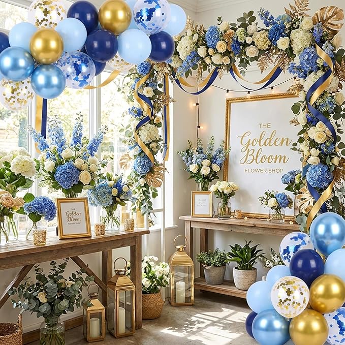 RUBFAC Navy Blue Gold Balloon, Party Balloons Pastel Blue Metallic Confetti for Birthday Wedding Bridal Baby Shower Graduation Party Supplies, 65pcs 12 Inches