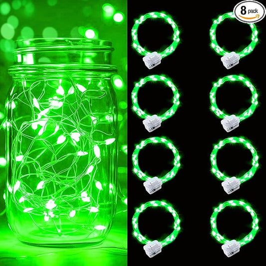 pozzolanas 8 Pack Green Battery Operated String Lights - 7ft Waterproof Fairy Lights with 20 LEDs for Home, Mason Jar, Party, Wedding, Halloween, Christmas Decorations