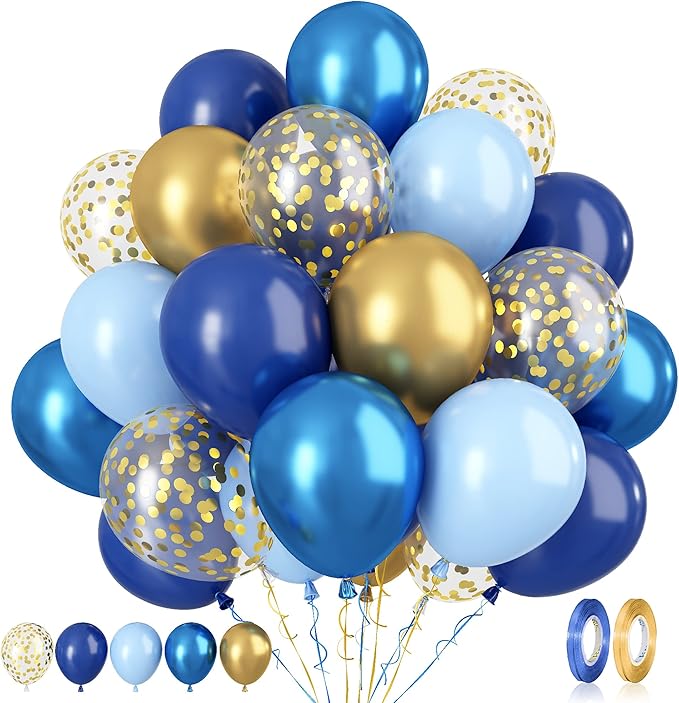 Paready Blue and Gold Latex Balloons, 60 Pcs 12 Inch Navy Blue Metallic Gold Confetti Balloons, Blue Party Balloons for Baby Shower Wedding Anniversary Birthday Theme Party Graduation Decoration