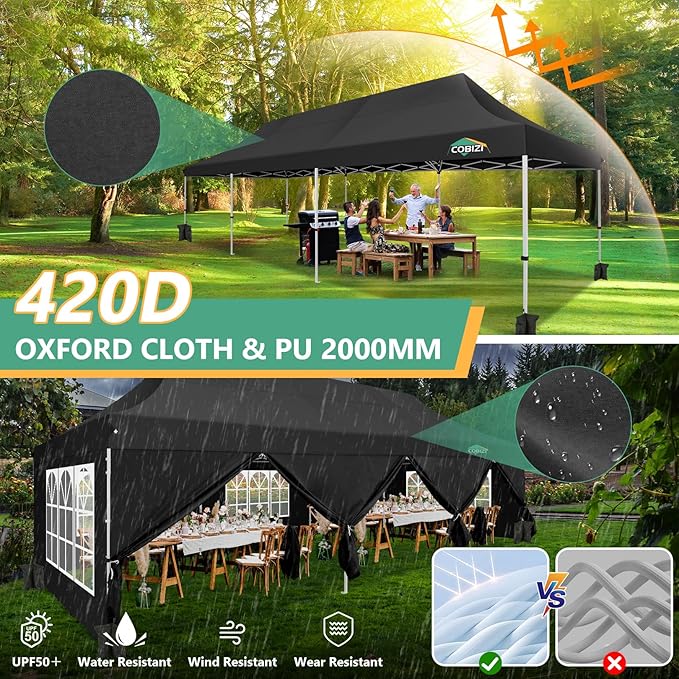 COBIZI 10x30 Pop Up Canopy with 8 Removable Sidewalls Party Tents for Parties Wedding Patio Commercial Waterproof and UV50+ Ez Outdoor Instant Gazebo with Roller Bag & 4 Sandbags（Matte Black）