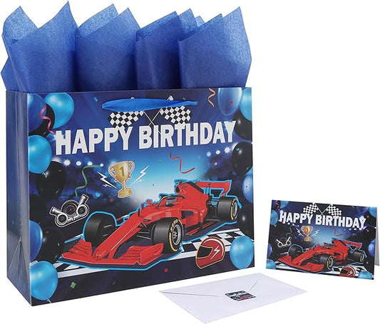 wishinside 13” Large Blue Birthday Gift Bag Set with Handles, Greeting Card, Tissue Papers and Stickers for Boys Men Kids Teens, Car Design, 1 Pcs