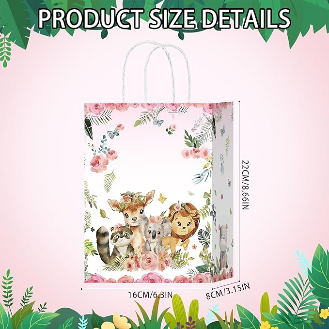 16 Pcs Jungle Animals Goodie Bags Jungle Themed Party Favor Bags with Handles Zoo Animals Print Gift Bag for Birthday Wedding Festival(Pink, 16)