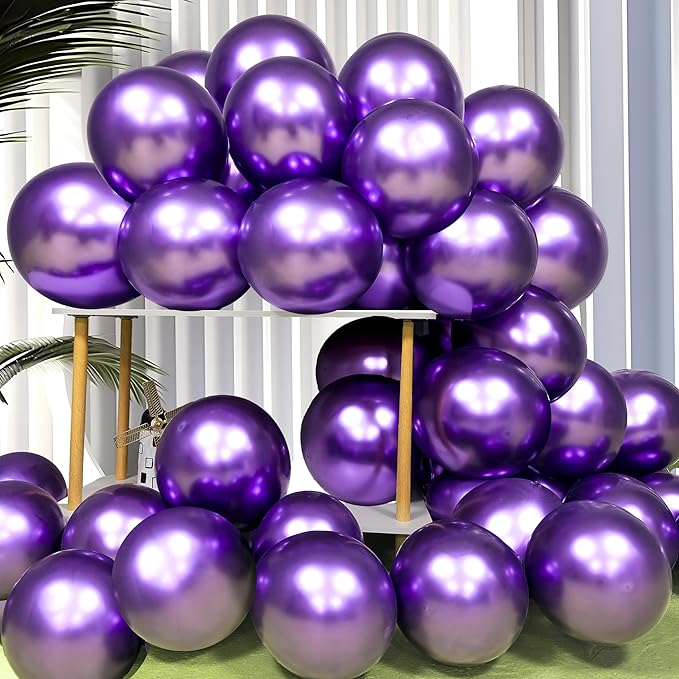 Firomi Metallic Purple Balloons 12-inch 100 Pack Helium Big Shiny Round Chrome Purple Thicken Latex Balloon for Birthday Party Bridal Shower Purple Party Balloons (with 3 Ribbons)