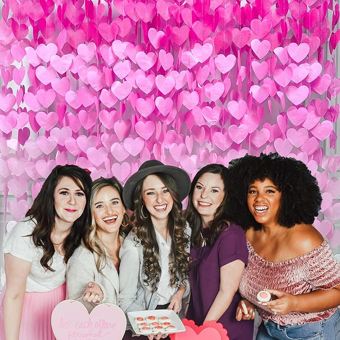 205 Ft Hot Pink Party Decorations Ombre Pink White Heart Backdrop Streamer Tissue Paper Heart Hanging Garland for Birthday Bachelorette Valentines Day Wedding Bridal Shower Engagement Party Supplie