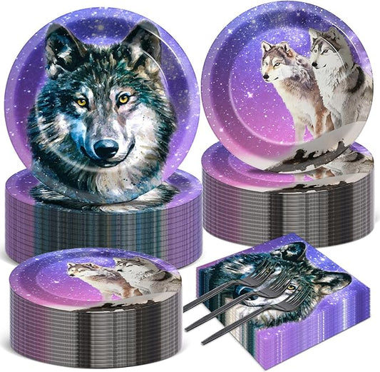 50 Guests Wolf Plates and Napkins Party Supplies Wolf Birthday Party Decorations Disposable Tableware Set Galaxy Animal Themed Dinnerware Favor for Kids Baby Shower Decorations, 200PCS