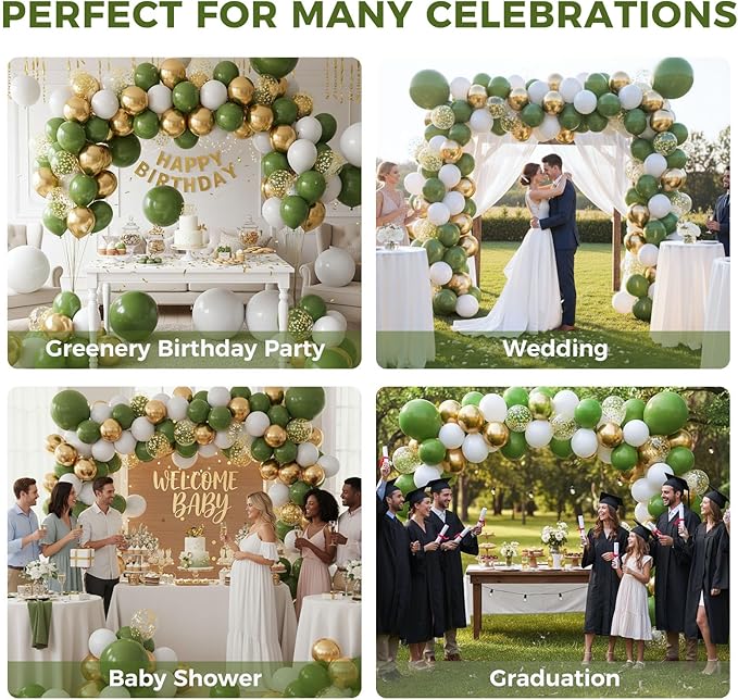 LovesTown 150 PCS Sage Green White Gold Balloons Different Size of 18 12 10 5 Inch, Gold Confetti Balloons with Ribbons for Boho Wedding Bridal Shower Safari Birthday Party Decorations
