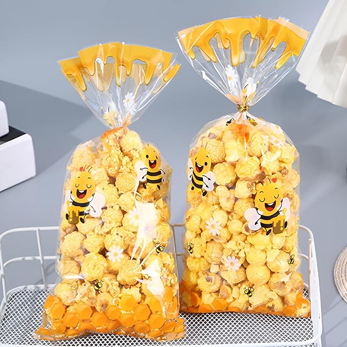 iNINGER 50 Pcs Little Bee Cellophane Treat Bags with Twist Ties, Sweets Gift Bags for Girls Children Party Favors,Small Sweet Bags for Candy,Colorful Goodie Bags for Baby Shower Birthday Decoration