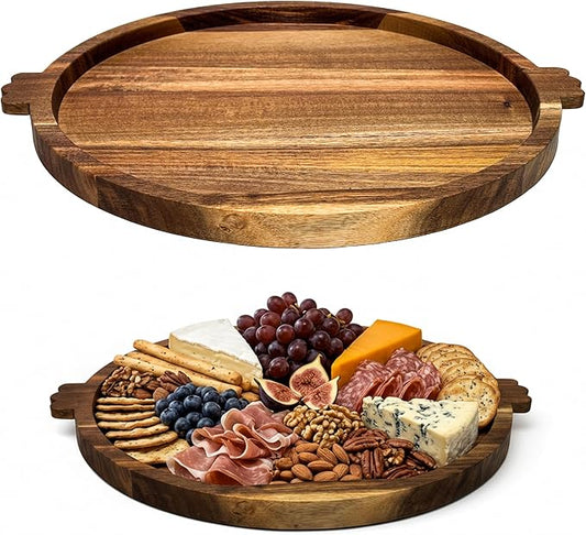 13" Round Acacia Wood Tray with 2 Built-in Handles | Versatile Serving Board for Coffee Table, Parties & Daily Dining | Large Charcuterie & Cheese Platter, Decorative Gift Tray