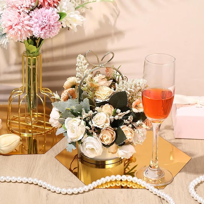 Thyle 12 Pcs Acrylic Hexagon Mirrors for Tables Centerpieces 8 Inch Hexagon Mirrors Candle Plates for Wall Wedding Table Centerpieces Hexagon Mirror Tray for Baby Shower Party, Thickness 1 mm