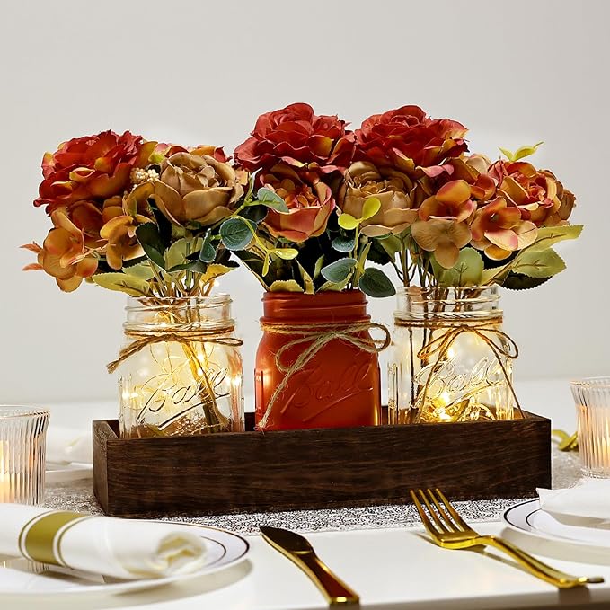 Mason Jar Centerpiece Table Decor for Dining Room Fall Farmhouse Coffee Table Decor with Wood Tray Fairy Lights Fake Flowers for Kitchen Living Dining Room - Orange