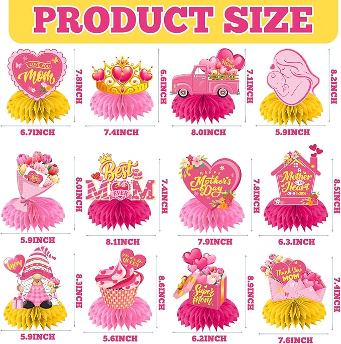 Mothers Day Decorations Honeycomb Centerpieces, 12Pcs Mothers Day Table Decorations Best Mom Ever Mothers Day Centerpieces 3D Mothers Day Table Centerpiece for Mothers Day Party