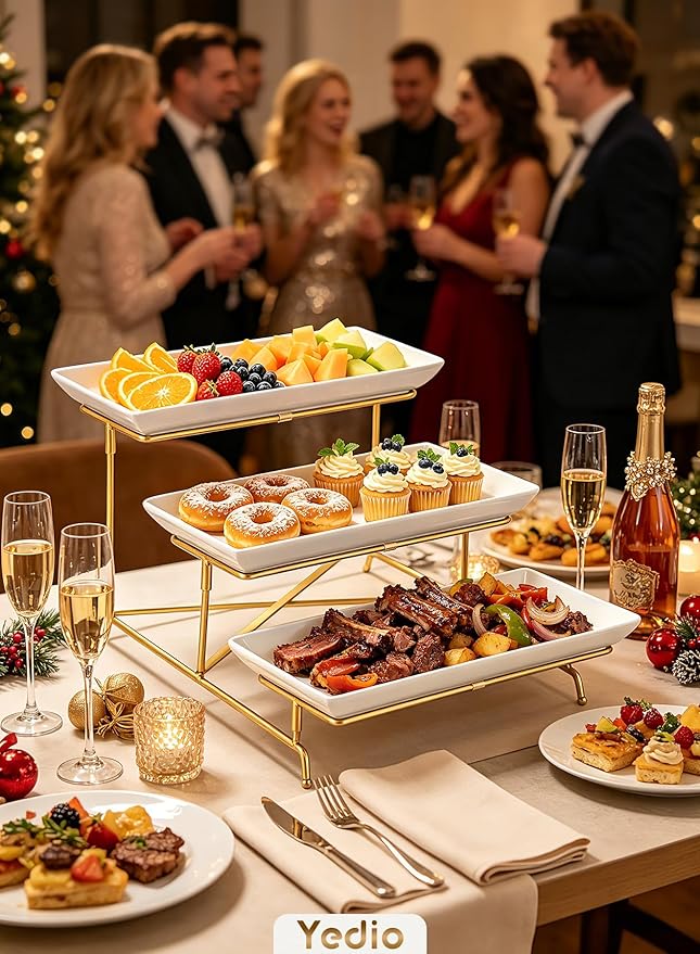 3 Tier Serving Tray Set 14 Inch Porcelain Tiered Serving Trays Platters, Collapsible Sturdier Stand with Stable Cross Bars, Three Layer Serving for Party Entertaining Food Display Fruit Dessert
