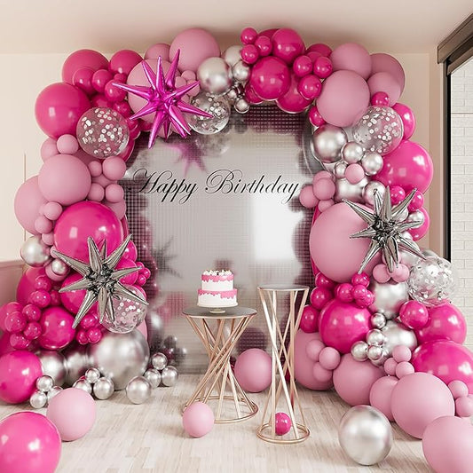 Hot Pink Silver Balloons Arch Garland Kit-Macaron Pink Balloon Hot Pink Explosion Star Foil Balloon 127Pcs for Princess Birthday,Graduation,Bachelorette,Baby Shower,Christmas Party Decorations.