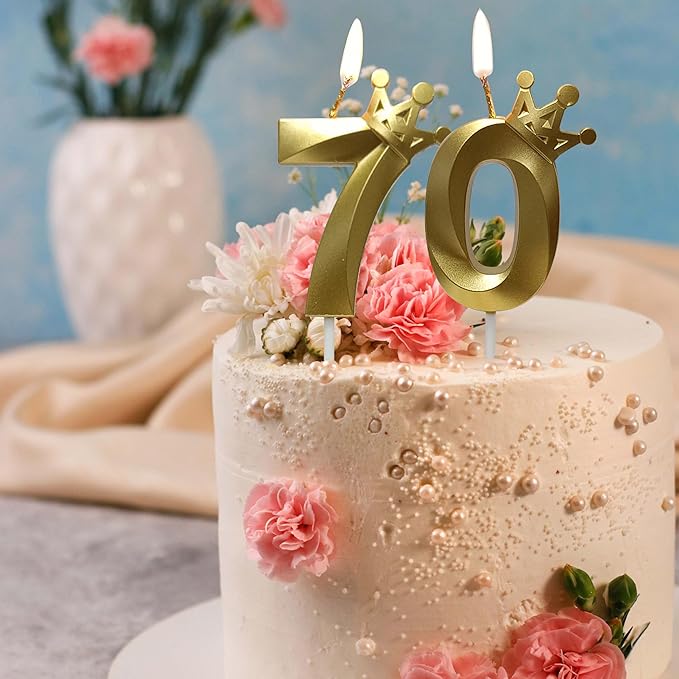 The Number 70 Gold Birthday Candles for Cake is Beautiful Number Candles for 70th Birthday Decorations for Man and Women (Gold-70, Crown)