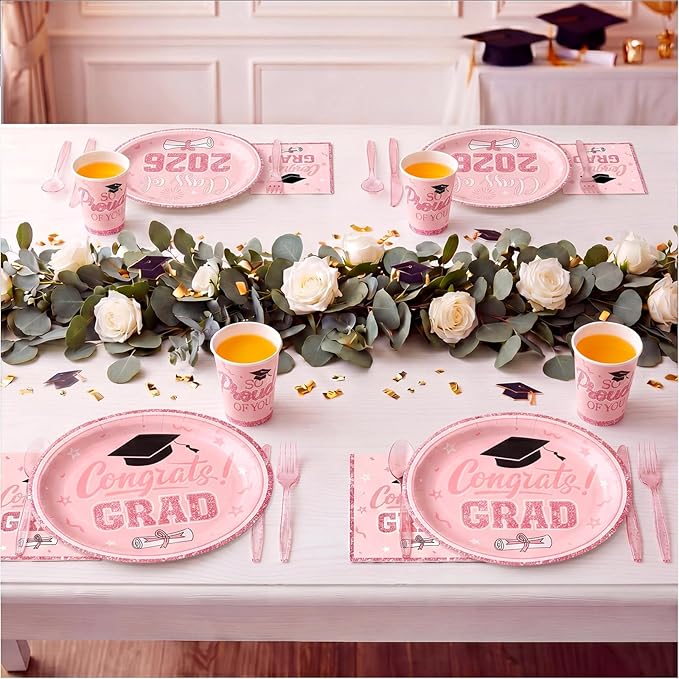 Pajean 350 Pcs Pink and Gold Graduation Decorations Class of 2026 Disposable 12 inch Oval Plates Napkins Heavy Duty Paper Oval Tableware Set for 50 Guests College High School Grad Party Supplies