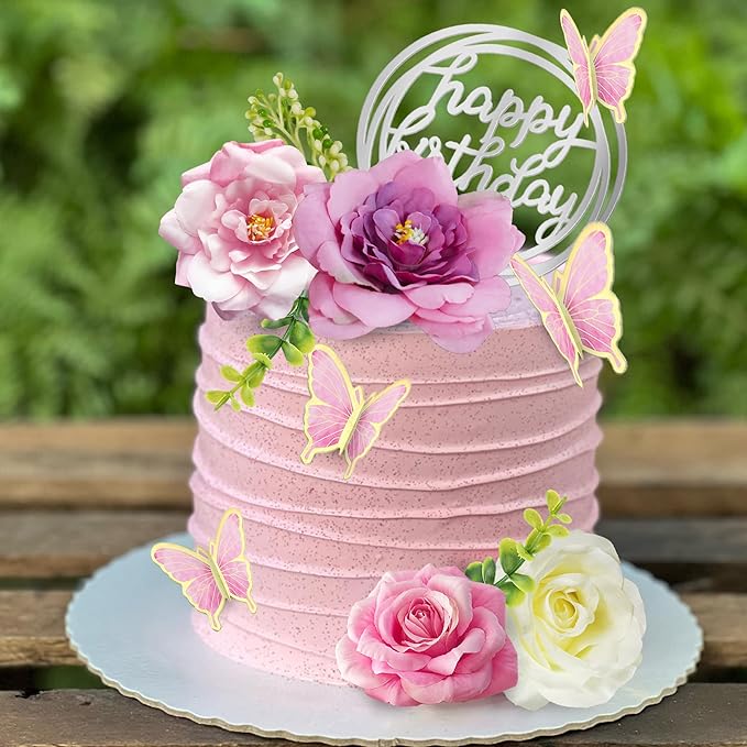 19 PCS Flower Cake Toppers Butterfly Cake Decorations with Artificial Pink Rose Flowers Eucalyptus Butterflies for Girls Birthday Party Wedding Baby Shower Supplies (HOT PINK)