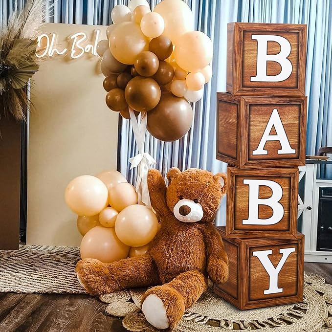 DataMoon Teddy Bear Baby Shower Decorations - Baby Boxes with Letters,Boho Balloons,We Can Bearly Wait Backdrop,Cake Topper,Tablecloth for Baby Shower,Gender Reveal Party Supplies