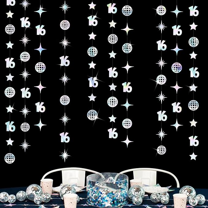 Iridescent 16th Disco Birthday Decorations Laser Number 16 Disco Ball Twinkle Star Garland Metallic Banner Backdrop for Girls Boys Happy 16th Birthday Sweet Sixteen Cheers to 16 Years Party Decor