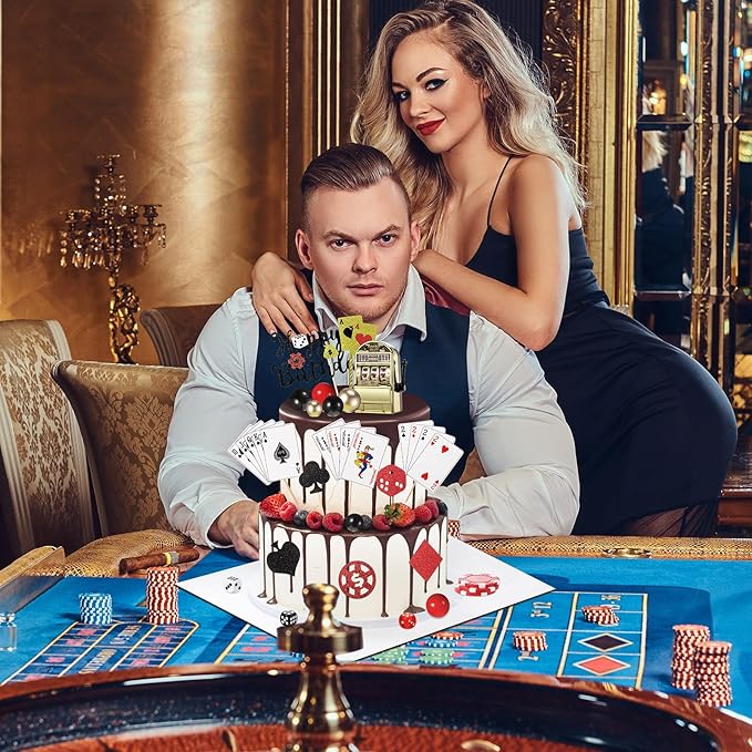 Beeveer 42 Pcs Casino Cake Topper Decorations with Candles Poker Game Chips Player Happy Birthday Cake Pick Set for Las Vegas Scene Birthday Party Decoration