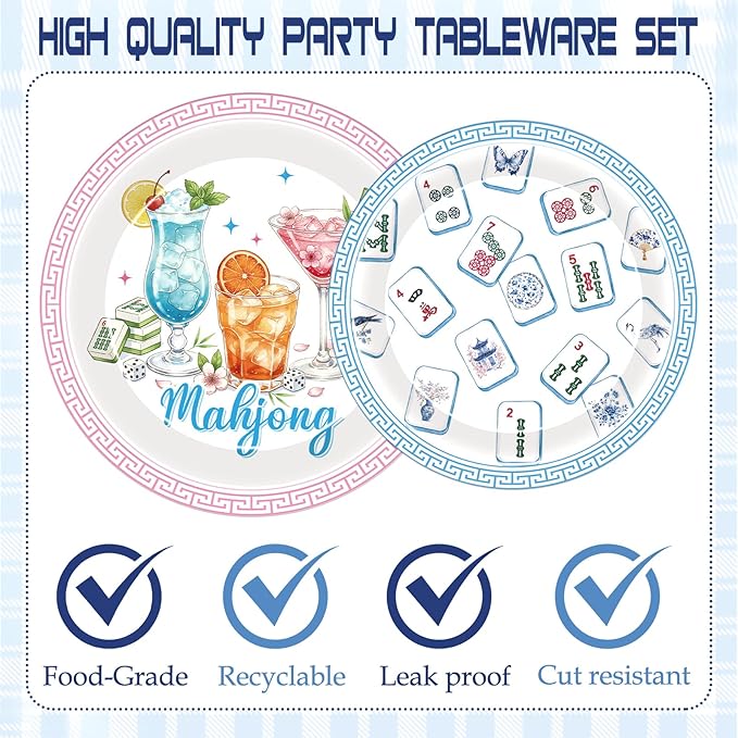 Mahjong Birthday Party Supplies - 96 Pcs Mahj Disposable Paper Dessert Plates Napkins Forks Tableware Decor Cocktail Mah Jong Table Decorations Accessories for Game Night Holiday Serves 24