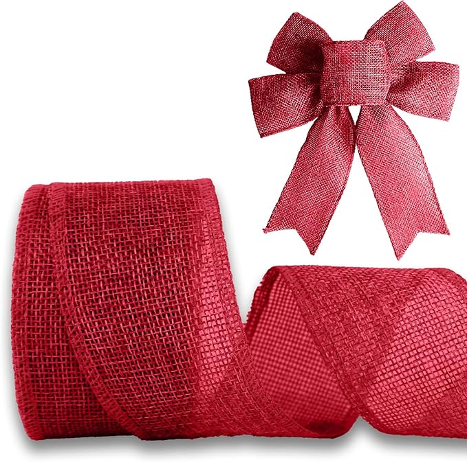 Red Burlap Ribbon 1-1/2 inch X 10 Yard Natural Burlap Woven Ribbons DIY Handmade Edging Production Wreath Holiday Decoration Gift Ribbon for Gift Wrapping Jute Linen Red Ribbons