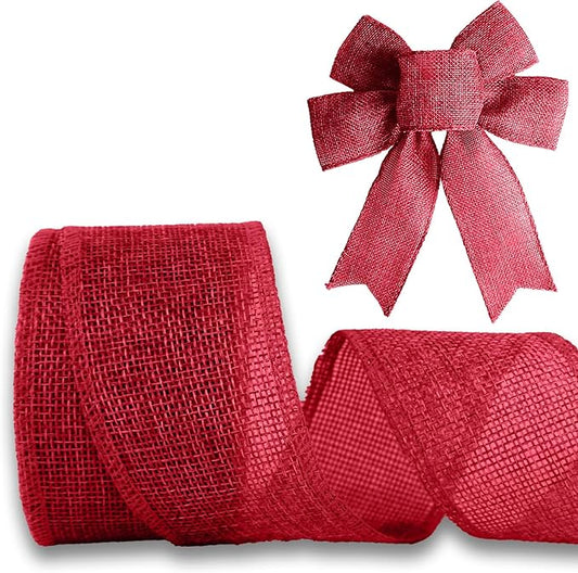 Red Burlap Ribbon 1-1/2 inch X 10 Yard Natural Burlap Woven Ribbons DIY Handmade Edging Production Wreath Holiday Decoration Gift Ribbon for Gift Wrapping Jute Linen Red Ribbons