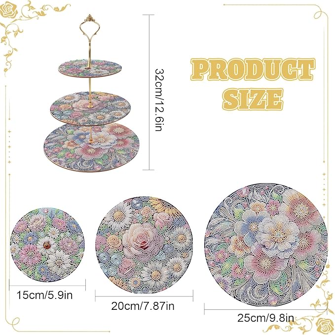 DoxQcs 3 Tier Wooden Diamond Art Painting Cake Cupcake Display Stand Round Cupcake Stand Dessert Tower Pastry Tray Platter for Tea Party Wedding Birthday-Flowers-2