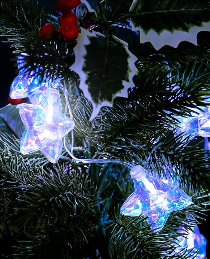 AceList 20 LED Star String Lights, 10ft Iridescent Star Lights with Remote, IP44 Waterproof, 8 Modes USB or Battery Operated Fairy Lights for Bedroom, Christmas, Party Decor (White)