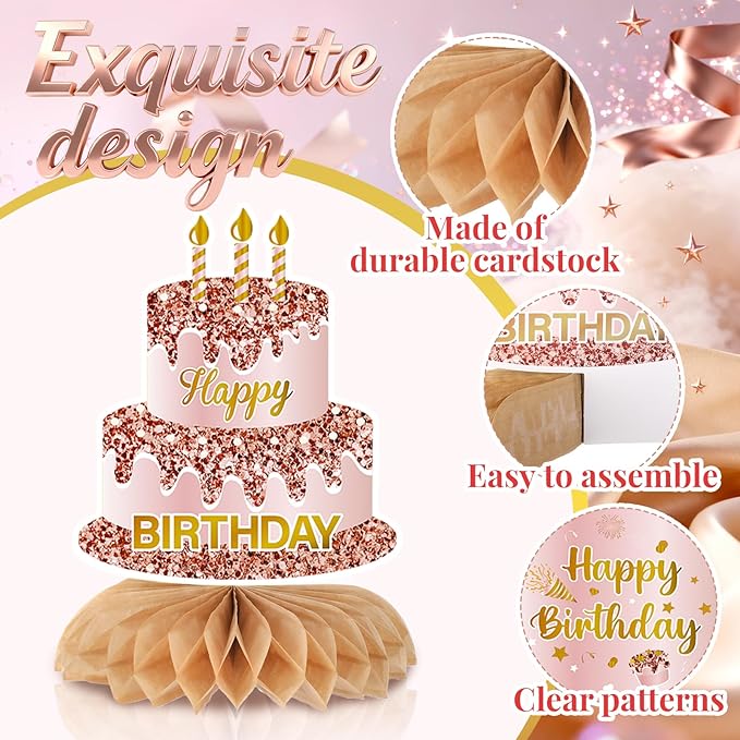 12Pcs Rose Gold Birthday Decorations Honeycomb Centerpieces for Women Girls, Rose Gold Happy Birthday Table Centerpieces for Kids Adult Birthday Table Topper Sign Decor Supplies