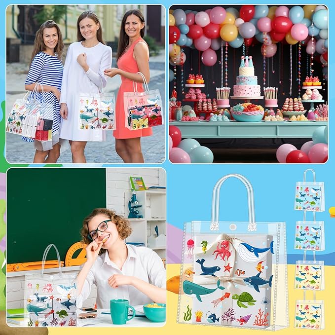 Supervitae 36 Pcs Sea Animal Clear Favor Bags with Handle Reusable Plastic PVC Gift Bag Goodies Treats Wrap Totes for Birthday Wedding Graduation Party Supplies, 8 x 8 x 3.15 Inch