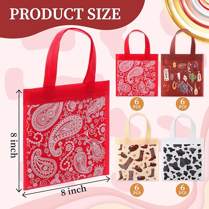 Tudomro 24 Pcs Western Cowboy Favor Bags with Handles, Non Woven Gift Bags, West Cow Print Paisley Hat Boots Treats Totes for Rodeo Birthday Baby Shower Party Supplies