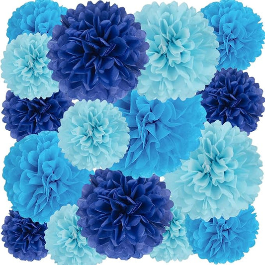 18 PCS Tissue Paper Pom Poms Flowers, Sizes 6", 10", 12", 14" Hanging Paper Flower Ball for Wedding, Birthday, Halloween, Christmas, Baby Shower Party Decor (Blue Royal Blue)