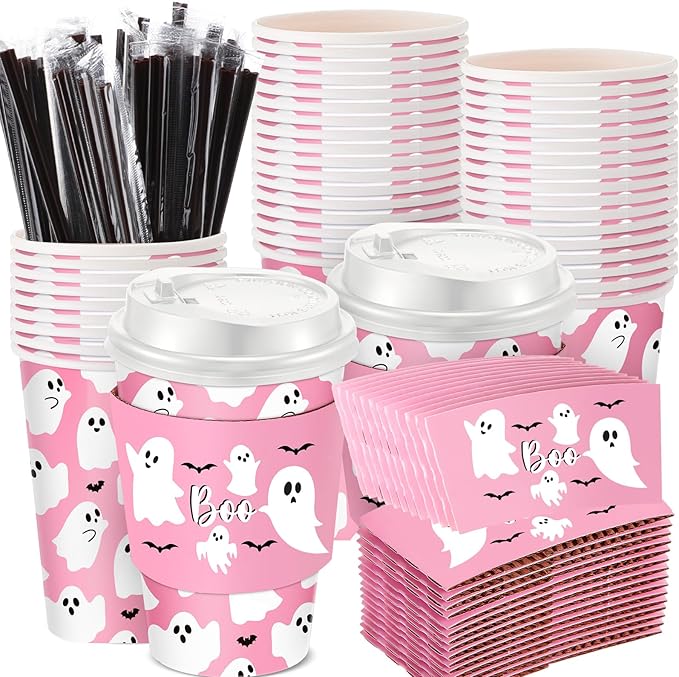 Pickmesh 50 Set 12oz Halloween Disposable Coffee Cups with Lids and Sleeves Straws, Ghost Boo Paper Cups for Cold Hot Cocoa Drink Halloween Party Supplies