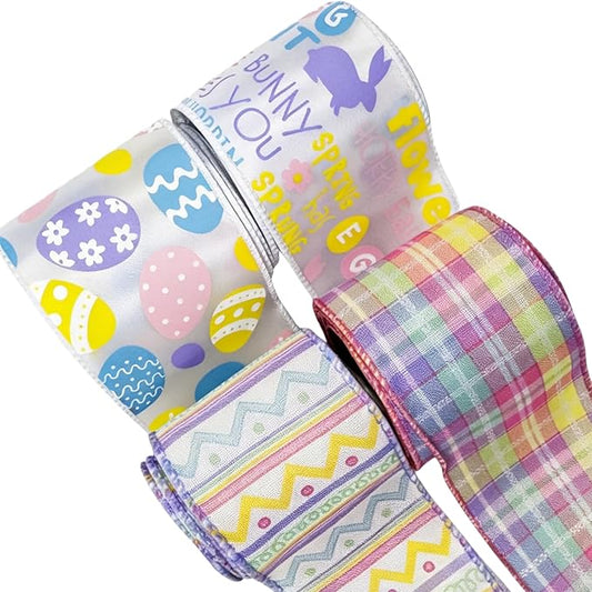 Meseey 4 Rolls Easter Wired Ribbon, 2.5 Inch x 5 Yards Pastel Easter Egg, Bunny, Chevron & Plaid Wired Edge Ribbons for Wreaths, Gift Wrapping, Easter Baskets, Crafts, Spring Party Decorations