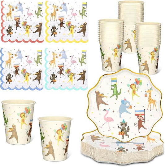 Potchen 150 Pcs Animal Parade Party Supplies Cute Disposable Animal Parade Tableware Set for Birthday Party Decorations Paper Plates and Napkins Cups, Serve 50 Guests