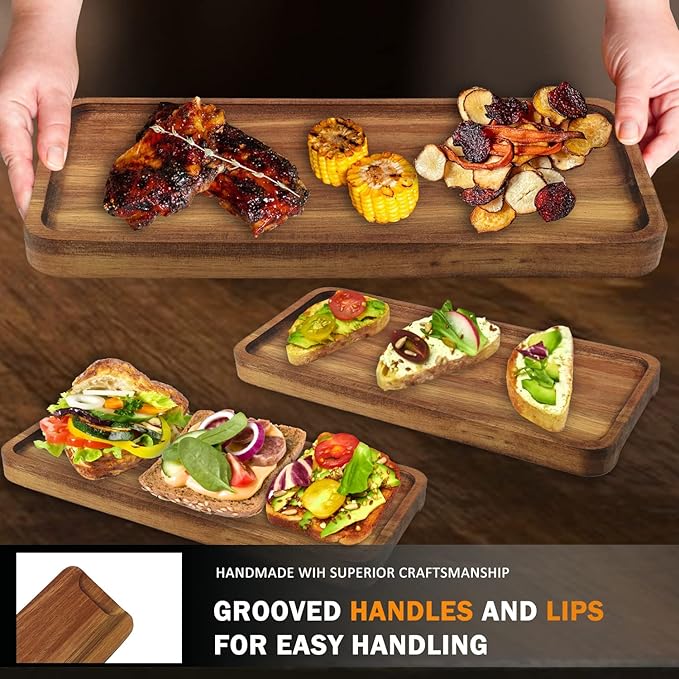 GNIEMCKIN Wooden Serving Platter, 11.8 x 5.1 Inch, Set of 5, Acacia Wood Tray, Perfect for Serving Charcuterie, Desserts, Dips, Sushi, Parties, Family Gatherings, Weddings, and Home Decor