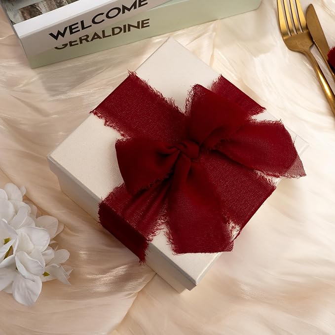 Chiffon Ribbon, Burgundy Silk 1.5''x21Yd Handmade Frayed Fringe Ribbons for Wrapping, DIY Bows, Invitations, Bridal Bouquets, Crafts, Birthday, Wedding, Engagement, Christmas Party, 3 Rolls
