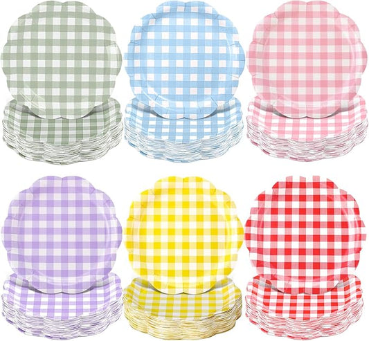 Umigy 120 Pcs Gingham Paper Plates 7 Inch Pastel Party Dessert Plates, Spring Gingham Disposable Decorative Plate for Birthday Wedding Baby Shower Tea Party Bridal Shower & Picnic