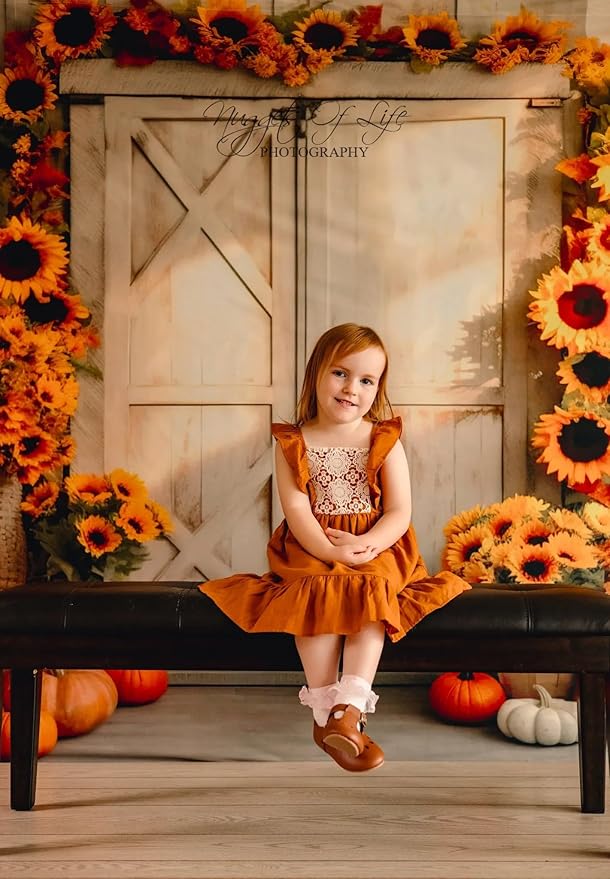 Kate Fall Photography Backdrop Autumn Sunflower Photo Background for Kids Fall Pumpkin Birthday Party Backdrop, 10x8ft