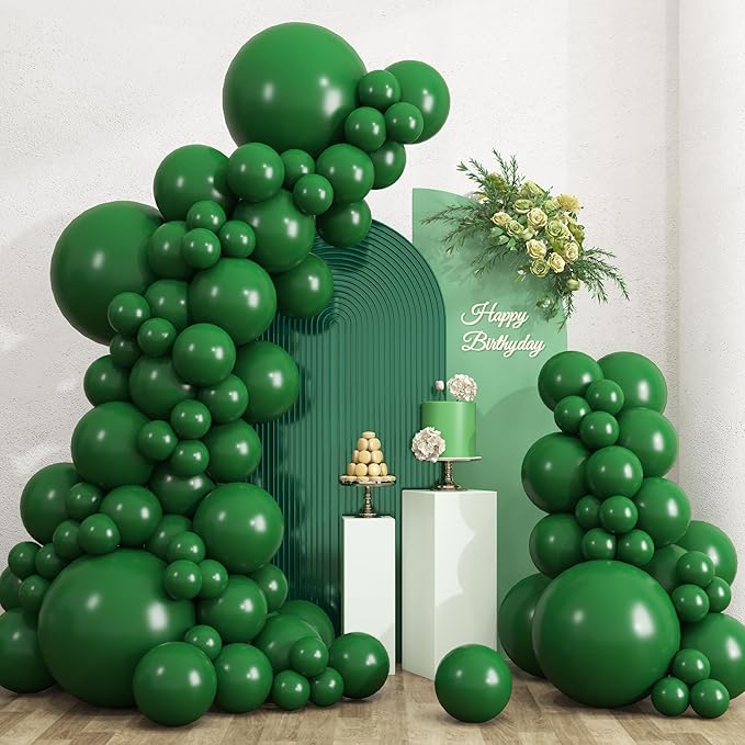 RUBFAC 135pcs Dark Green Balloons Different Sizes 18 12 10 5 Inch for Garland Arch, Emerald Green Christmas Balloon for Safari Jungle Party Birthday Baby Shower Masquerade Party Wedding Decorations