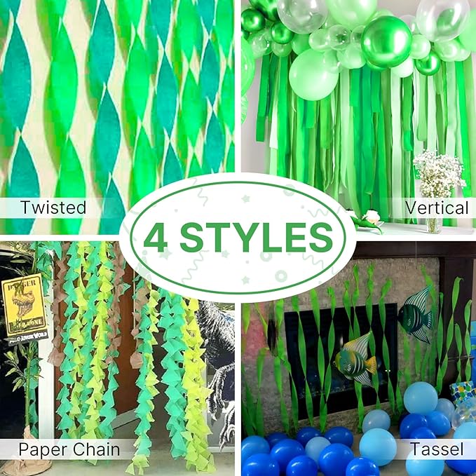 PartyWoo Light Green Crepe Paper Streamers 8pcs 656 ft Pack of Pastel Mint Green Crepe Paper Sheets for Birthday Baby Shower Graduation Woodland Dinosaur Jungle Football Theme Party Decorations