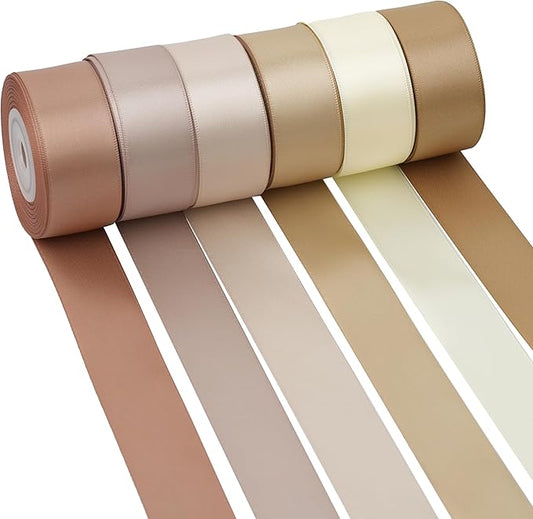 1 Inch Champagne Antique Gold Satin Ribbon Set, 6 Rolls, 60 Yards, Assorted Neutral Tones for Gift Wrapping, Hair Bows, Flower Bouquets, Wedding Decor and Crafts