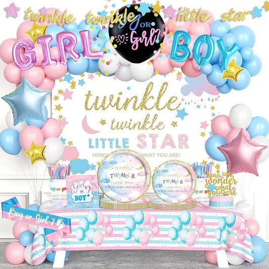 Twinkle Twinkle Little Star Gender Reveal Decorations, Boy or Girl Party Supplies, Pink and Blue Backdrop Banner Balloon Tablecloth Plate Napkin Cup Straw Knife Spoon Fork Sash 231 PCs